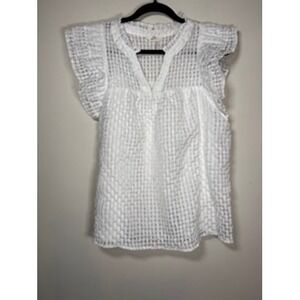 ENTRO Textured Ruffle Cap Sleeve Blouse Size Large White V-Neck Boho Cottagecore